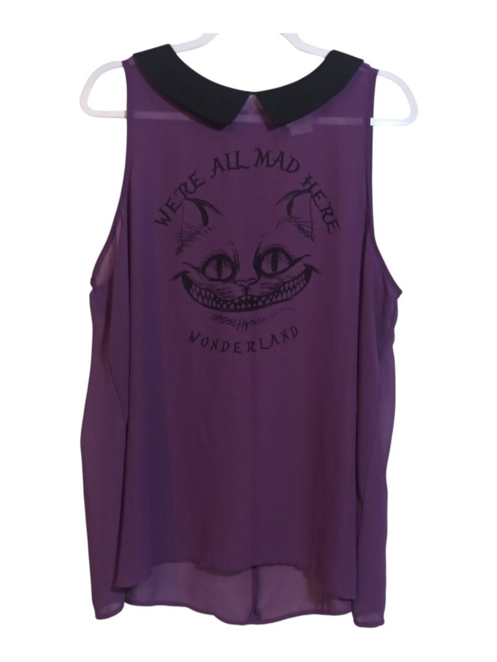 Torrid Purple Sheer Sleeveless Top Black Peter Pan Collar & Cheshire Cat Size 2X